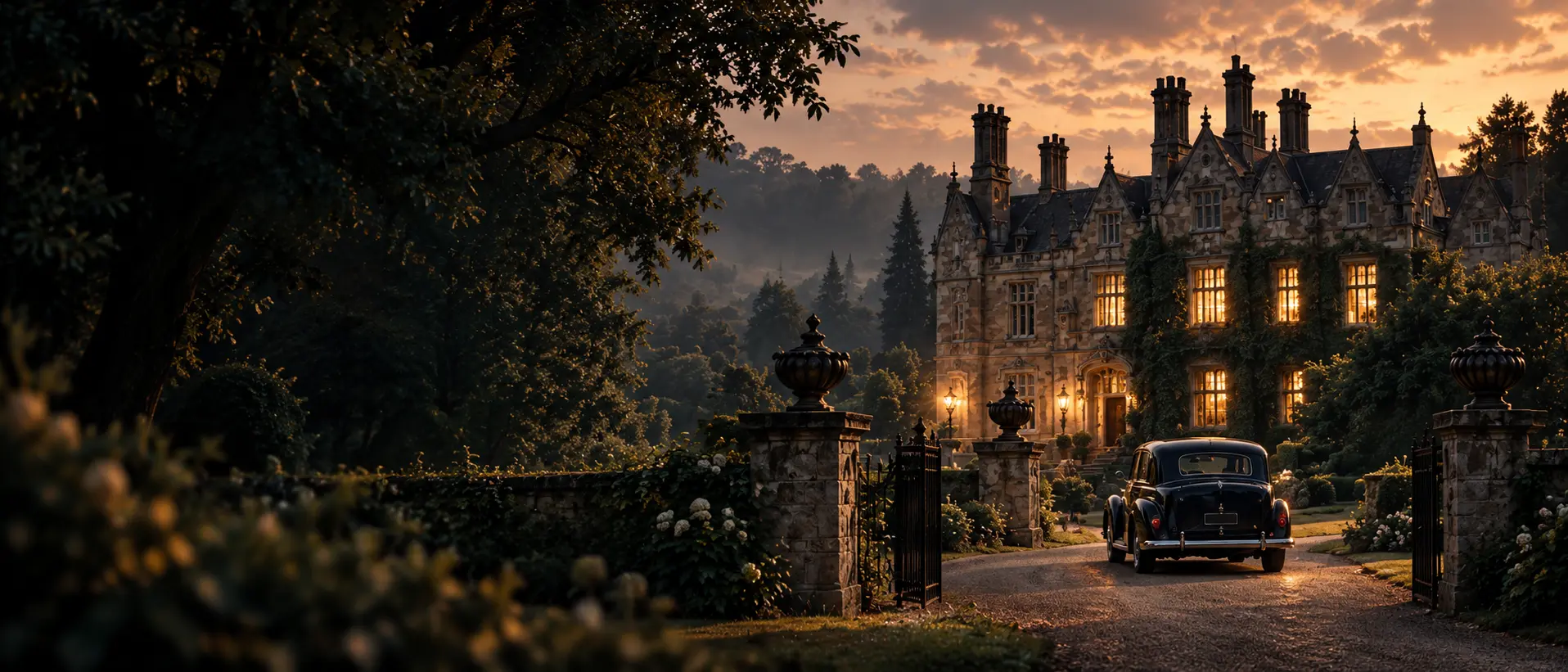 English country manor at dusk with a vintage car at the gates