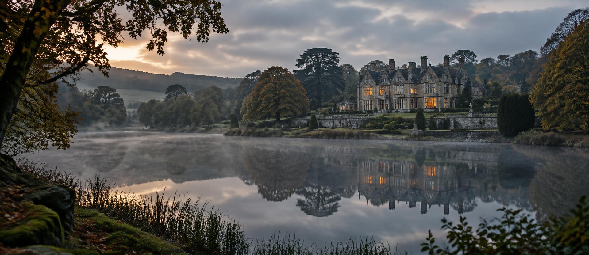 Conceptual English lakeside manor, not a film still or confirmed location
